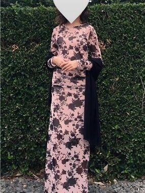 Elegant Nude/Tan Floral Maxi Dress with Black Floral Print